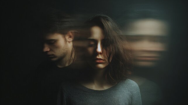 Conceptual portrait of woman with blurred double exposure male profiles in dark