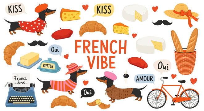 Vibrant French-inspired illustration featuring dogs, bicycles, and romantic elements in a lively flat design