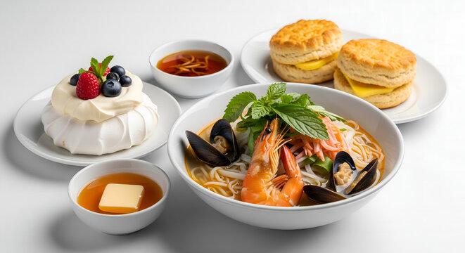 main dish of Vietnamese seafood pho, a side of some biscuits and butter, and a dessert of pavlova. Nepali tea., on sold white background