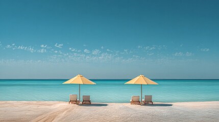Naklejka premium Serene Tropical Beach with Two Sun Loungers and Umbrellas on Sandy Shore