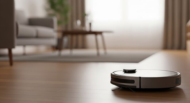 Robot vacuum cleaner cleaning wooden floor in bright living room