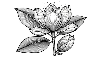 A magnolia flower in full bloom with leaves and buds illustrated in a simple black and white drawing viewed from the front © Steven