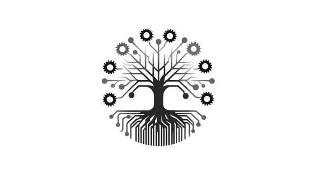 Digital tree with circuit board branches, gears, and data nodes illustrating technology, growth, innovation, and connectivity.