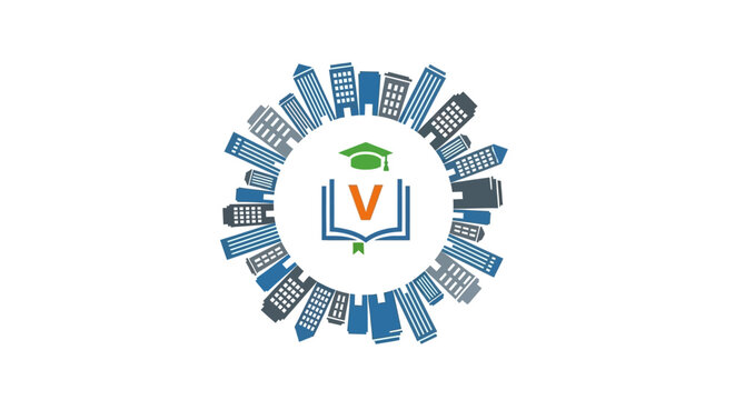 Graduation Cap on Book with Buildings.