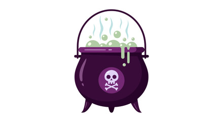 Fototapeta premium A bubbling cauldron illustration with a skull and crossbones symbol on a purple pot, emitting green fumes from the top, depicted in a digital graphic style