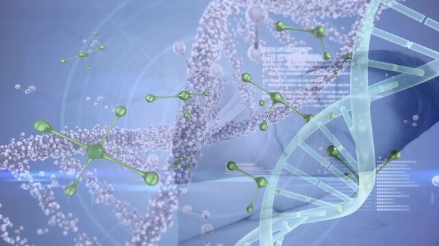 Animation of dna helix and molecule cells floating with nucleotides and programming language