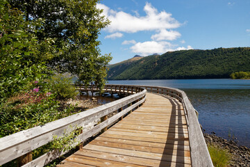 Obraz premium Wooden boardwalk along the shore of a lake