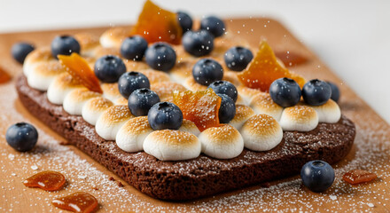 rectangular brownie fruit pizza, its chewy base cracked slightly at the edges, topped with a marshmallow sauce spread in swirls.