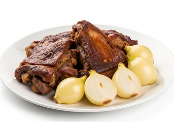 Roasted Dog Steak & Boiled Yellow Onion ., on sold white background