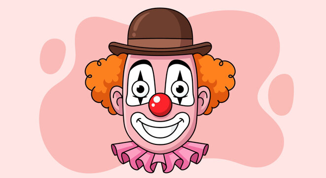 A cartoon clown with orange hair and a red nose wearing a brown hat and pink ruffled collar is centered on a pink background viewed directly from the front.