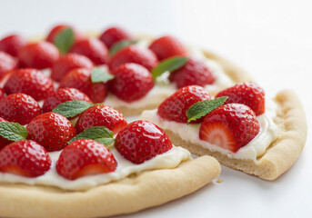 strawberry fruit pizza., on sold white background