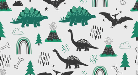 Prehistoric creatures and volcanoes in a whimsical landscape with dinosaurs and illustrations © Steven