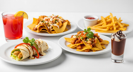 Drink - Sierra mist Appetizer - Beef nachos Main course - Chicken fajita rollup Side - Fries Dessert - Hot fudge sundae shooter., on sold white background