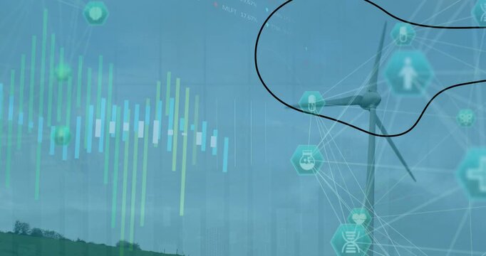 Animation of data processing and network of connections with icons over wind turbine
