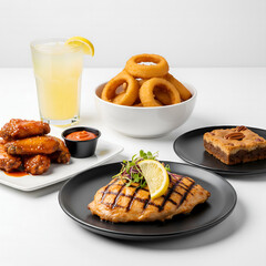 Drink - Lemonade Appetizer - Boneless wings Main course - Cedar grilled lemon chicken Side - Onion rings Dessert - Butter pecan blondie., on sold white background