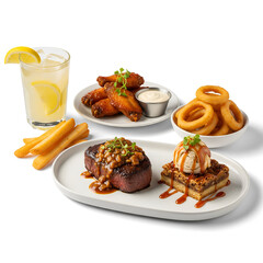 Drink - Lemonade Appetizer - Boneless wings Main course - Bourbon street steak Side - Onion rings Dessert - Butter pecan blondie., on sold white background
