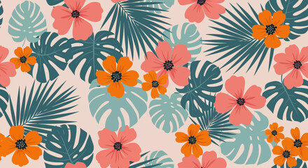 Tropical flowers and leaves pattern viewed from directly above in a vibrant floral arrangement © Steven