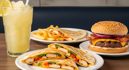 Drink - Frozen lemonade Appetizer - Chicken quesadilla Main course - Bacon cheeseburger Side - House salad Dessert - Triple chocolate meltdown., on sold white background