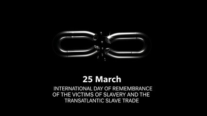 Broken chain on black background symbolizing freedom from slavery on international day of remembrance of victims of slavery and transatlantic slave trade 25 March