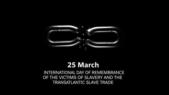 Broken chain on black background symbolizing freedom from slavery on international day of remembrance of victims of slavery and transatlantic slave trade 25 March
