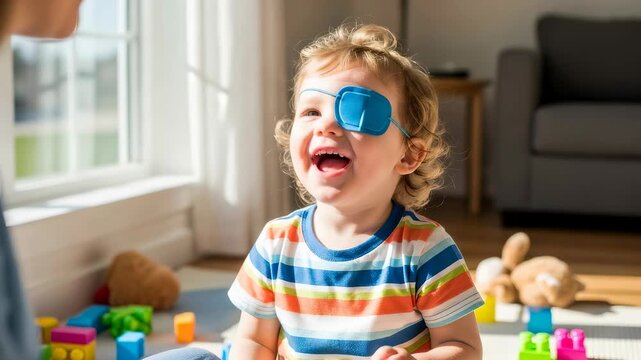 Happy caucasian boy wearing an eye patch and clapping, playing on the floor. Vision correction and treatment for amblyopia in a kid.