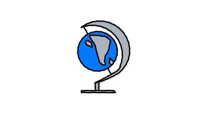 Hand drawn animated world globe on a stand with yellow rays. Education, geography, travel and global knowledge concept doodle sketch. 4K loop, white background.