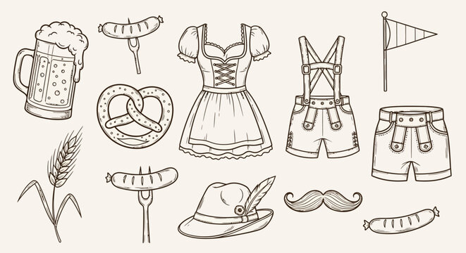 Traditional German attire and symbols, including beer, pretzel, and lederhosen, arranged together, illustrated in a simple line art style, from a straightforward viewpoint.