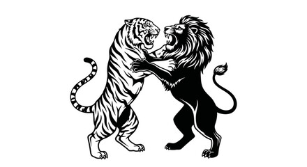 Two majestic lions engaging in a fierce confrontation, standing upright and facing each other with sharp claws outstretched © Steven