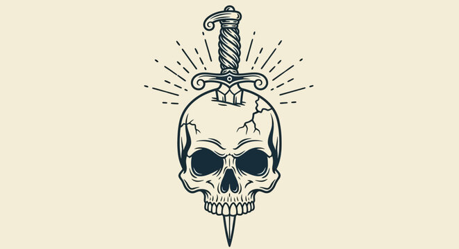 A dagger pierces a skull with cracked bones and dark eyes, emitting sharp rays, an illustration of danger and mortality