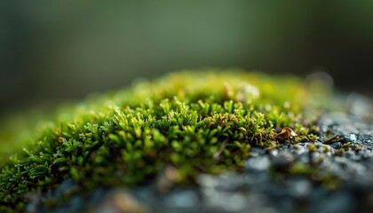 Detailed macro view of green moss texture in nature, suitable for background and environmental themes.