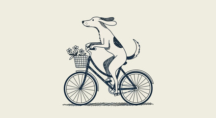 A dog riding a bicycle with a basket of flowers from a front viewpoint