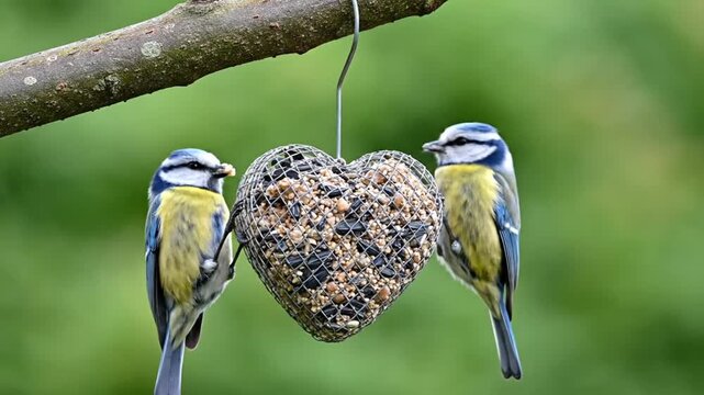 Two blue tits feeding on heart-shaped bird feeder outdoors