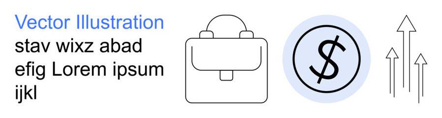 Obraz premium Business growth, finance concepts, investments, success, market trends, productivity. Minimalist design with briefcase, dollar sign upward arrows. Business growth and finance concepts visual