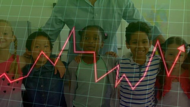 Animation of graph and grid pattern over diverse male teacher and students standing together