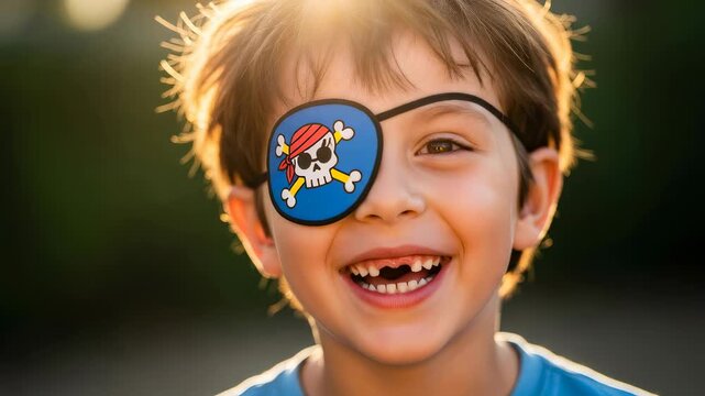 Happy boy covering one eye with pirate patch to correct or prevent vision problems. Pediatric ophthalmology and vision therapy for children.