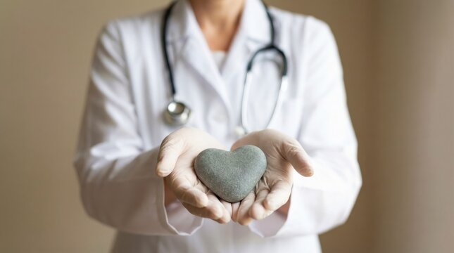 Close-up of hands: an unknown female cardiologist in a white coat holds a heart-shaped model symbolizing cardiology, cardiovascular disease treatment, heart attack prevention, regular medical checkups