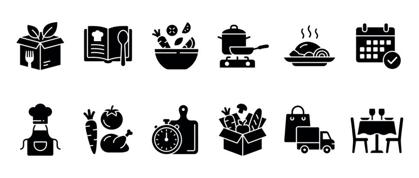 Set of black glyph icons for meal kit delivery services showing a recipe book, cooking process, fresh ingredients, and scheduled home dining in a minimalist vector style
