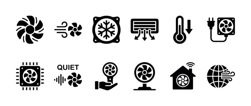 Black solid glyph icon set for ventilation and cooling systems, featuring symbols for fans, air conditioners, airflow, quiet operation, and smart home climate control
