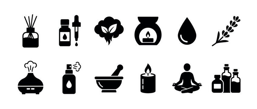 Aromatherapy and spa treatment black glyph icons showing essential oils, a reed diffuser, candle, meditation pose, lavender, and other wellness symbols for relaxation concepts