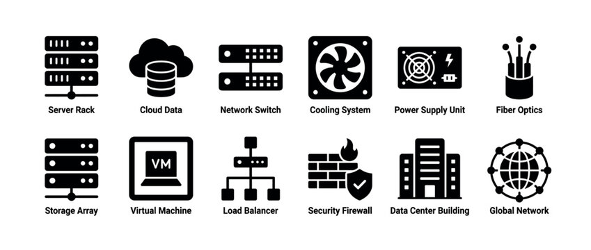 Collection of black glyph icons representing data center and network infrastructure elements like server racks, cloud data, firewalls, and virtual machines in a minimalist flat style