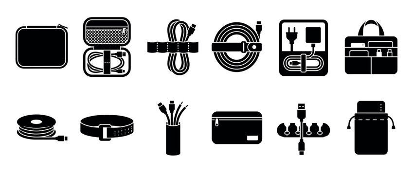 Black and white glyph icon set of cable management organizers and electronic accessories for travel, including cases, pouches, ties, and holders for wires and chargers