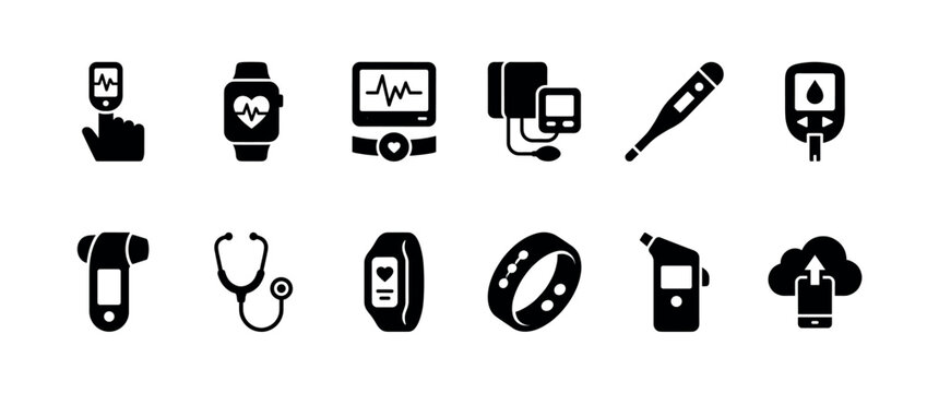 Set of black glyph icons representing medical devices and health monitoring gadgets like a smartwatch, glucometer, thermometer, and fitness tracker for digital healthcare concepts