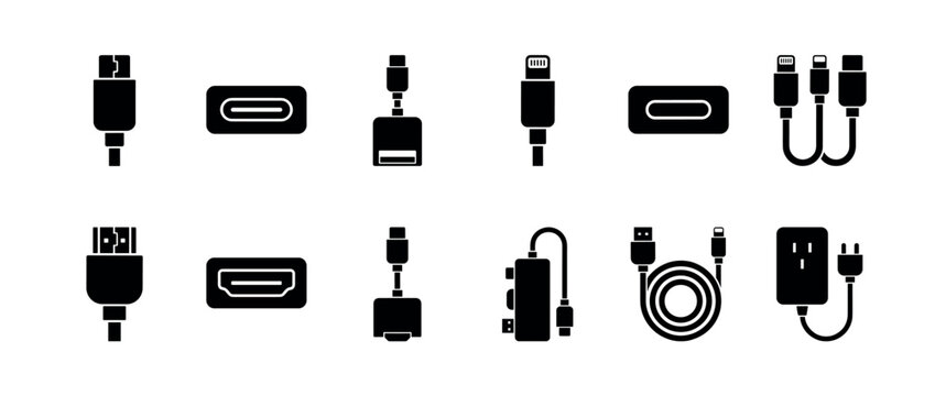 Various black computer cable and connector icons including video ports, data transfer plugs, mobile device chargers, and multi-port adapters in a minimalist glyph style