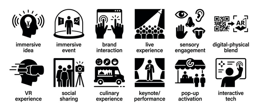 Set of twelve black glyph icons representing experiential marketing concepts like immersive events, brand interaction, VR, and live performance for business presentations