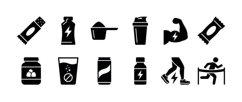 Black glyph icon set for sports nutrition and fitness, featuring protein bar, energy drink, supplement powder, shaker bottle, and muscle symbols for athletic performance