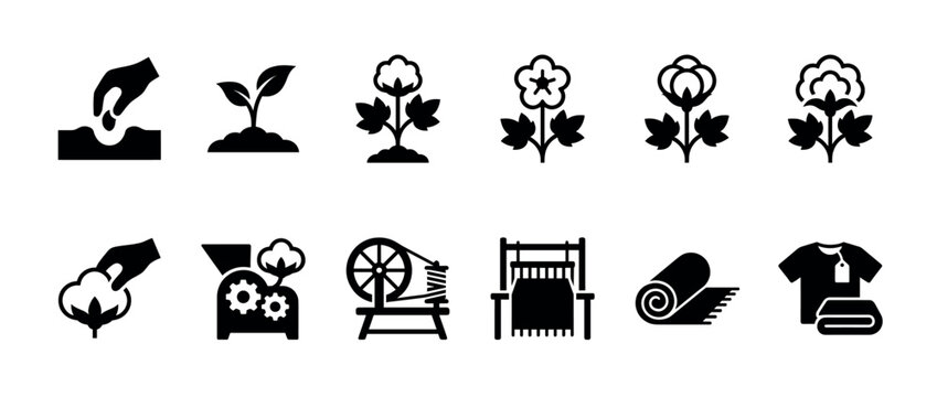 Black glyph icon set illustrating the cotton production process from planting seeds and growing plants to harvesting, ginning, spinning, weaving, and making clothes