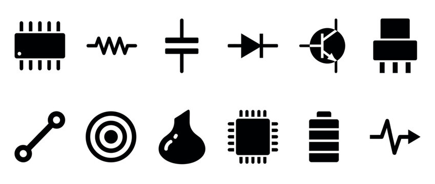 Set of black electronic component symbols including a microchip, resistor, capacitor, diode, transistor, and battery, presented as a minimalist icon collection for technology concepts