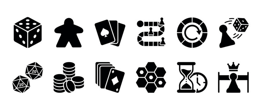 Set of black board game icons featuring dice, meeple, playing cards, pawns, chips, and an hourglass for tabletop gaming and entertainment concepts in a simple silhouette style