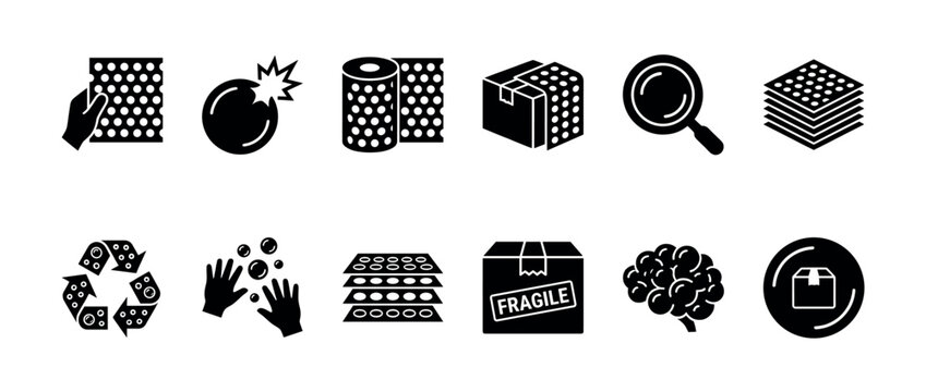 Bubble wrap and packaging icon set with black solid glyphs showing a roll, fragile box, shipping symbols, recycling, and the satisfying sensory experience of popping bubbles