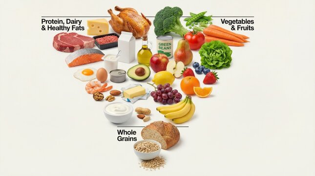 Assortment of foods representing the new food pyramid concept with proteins, grains, vegetables, fruits, and healthy fats, perfect for dietetics and nutrition science. Minimal background for culinary